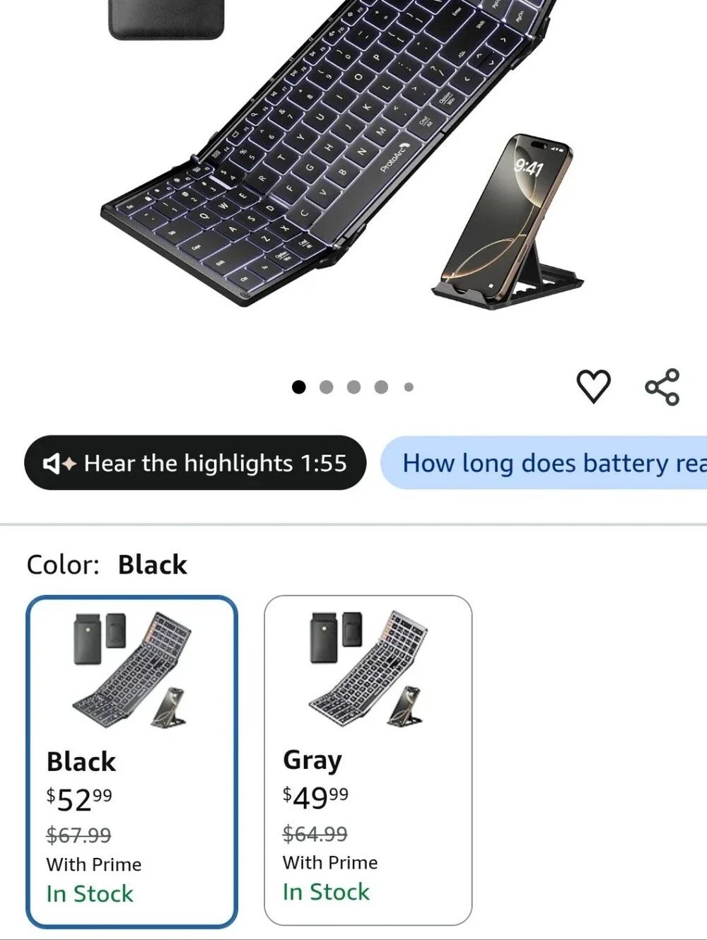 Backlit Tri-Fold Keyboard, Full-Size, Black, Number Pad